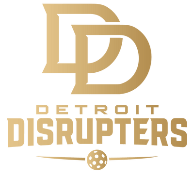 Gold logo of 'Detroit Disrupters' on a white background
