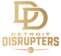 Gold logo of 'Detroit Disrupters' on a white background