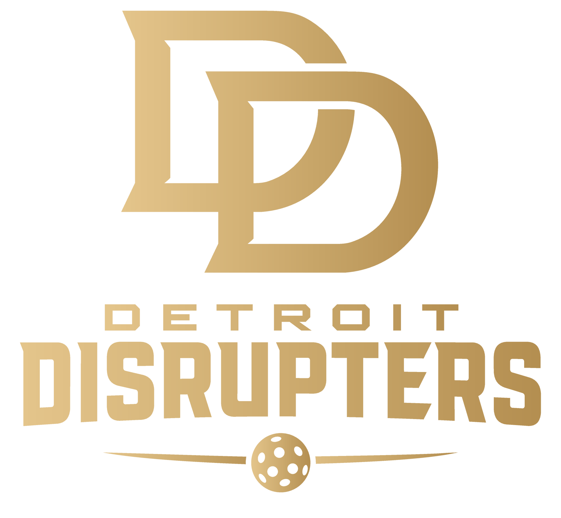 Gold logo of 'Detroit Disrupters' on a white background