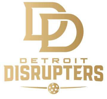 Gold logo of 'Detroit Disrupters' on a white background